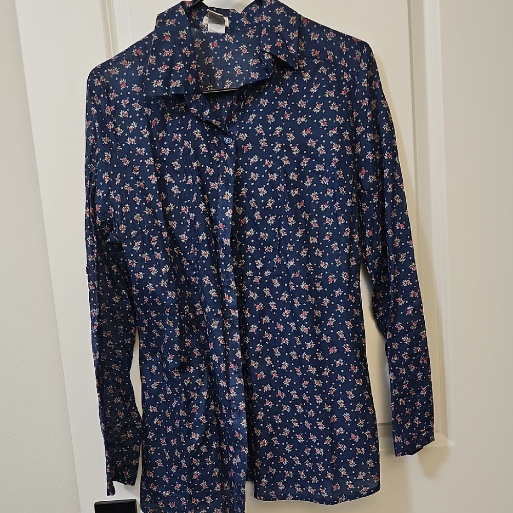 Women's Button Down Navy Floral Shirt, Size L
